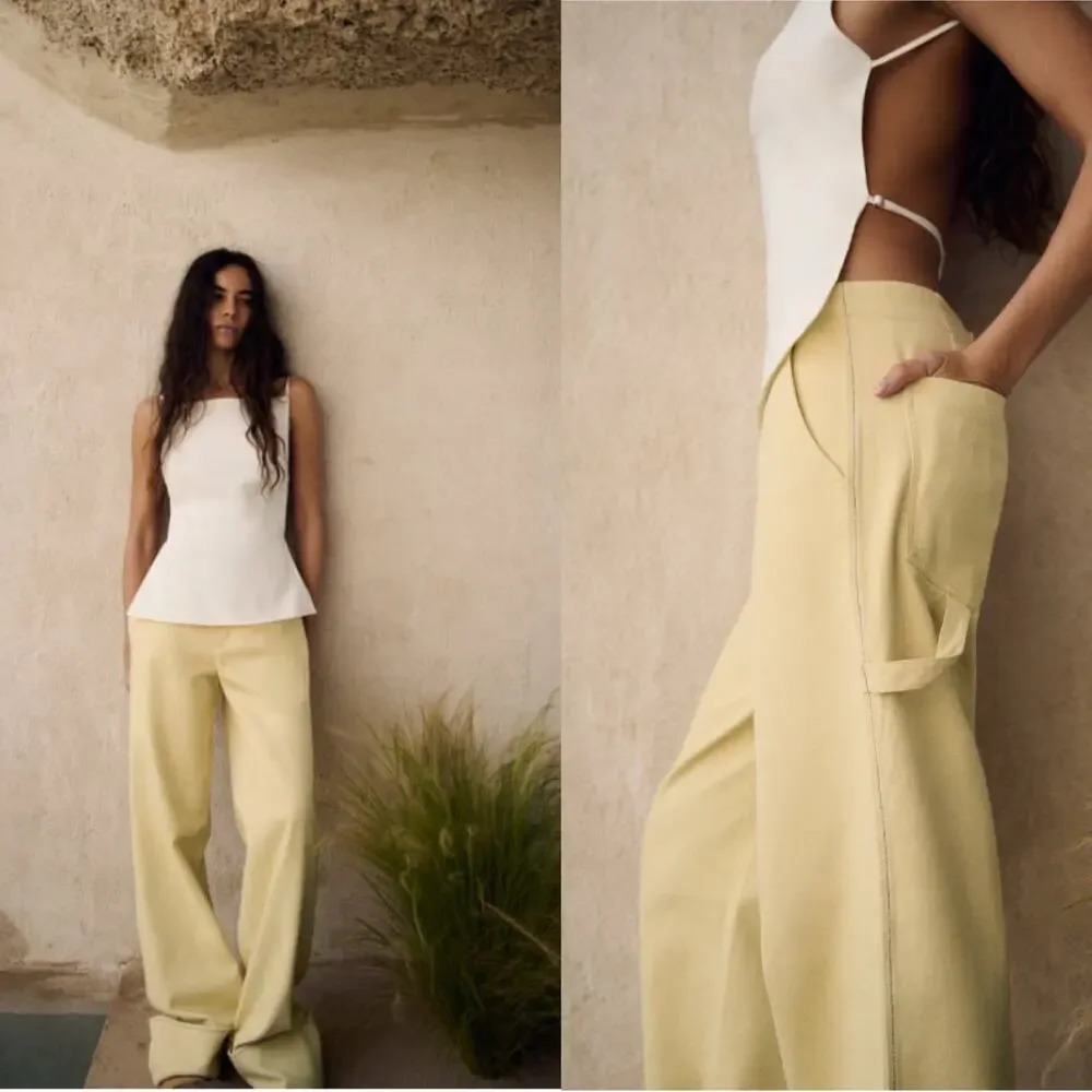 Zara Pants Full Length Turn Up Baggy Wide Leg Butter Yellow Trouser Size Large